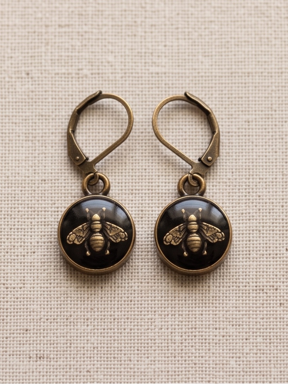 Unbranded Upcycled Bee Motif Drop Earrings in Black and Gold